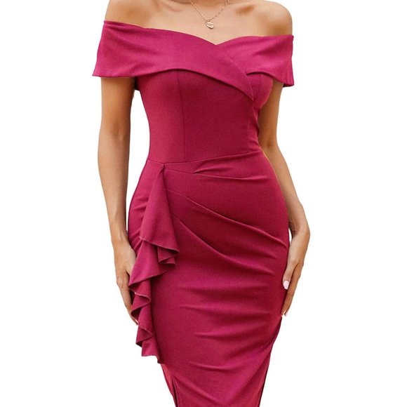 Off Shoulder Dress V Neck Ruched Bodycon Midi Elegant Cockta - Picture 1 of 4